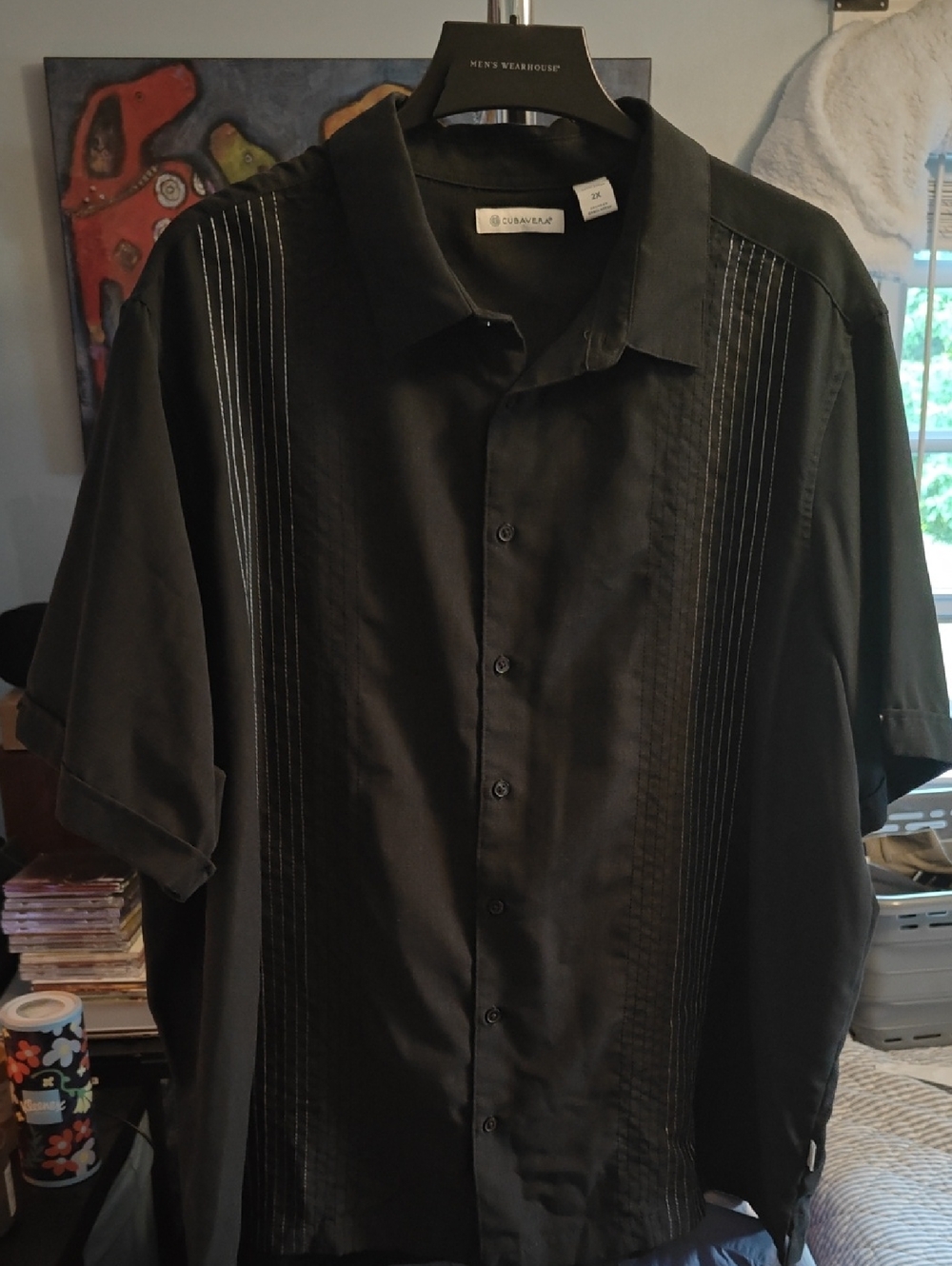 Cubavera Black Short-Sleeve Button-Down with Pin-Tuck Panels